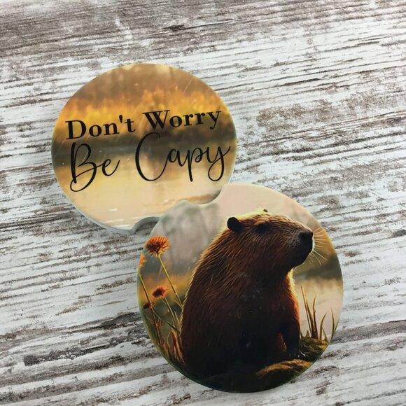 Don't Worry Be Capy Capybara Car Coasters Set of 2 - Picture 5 of 6